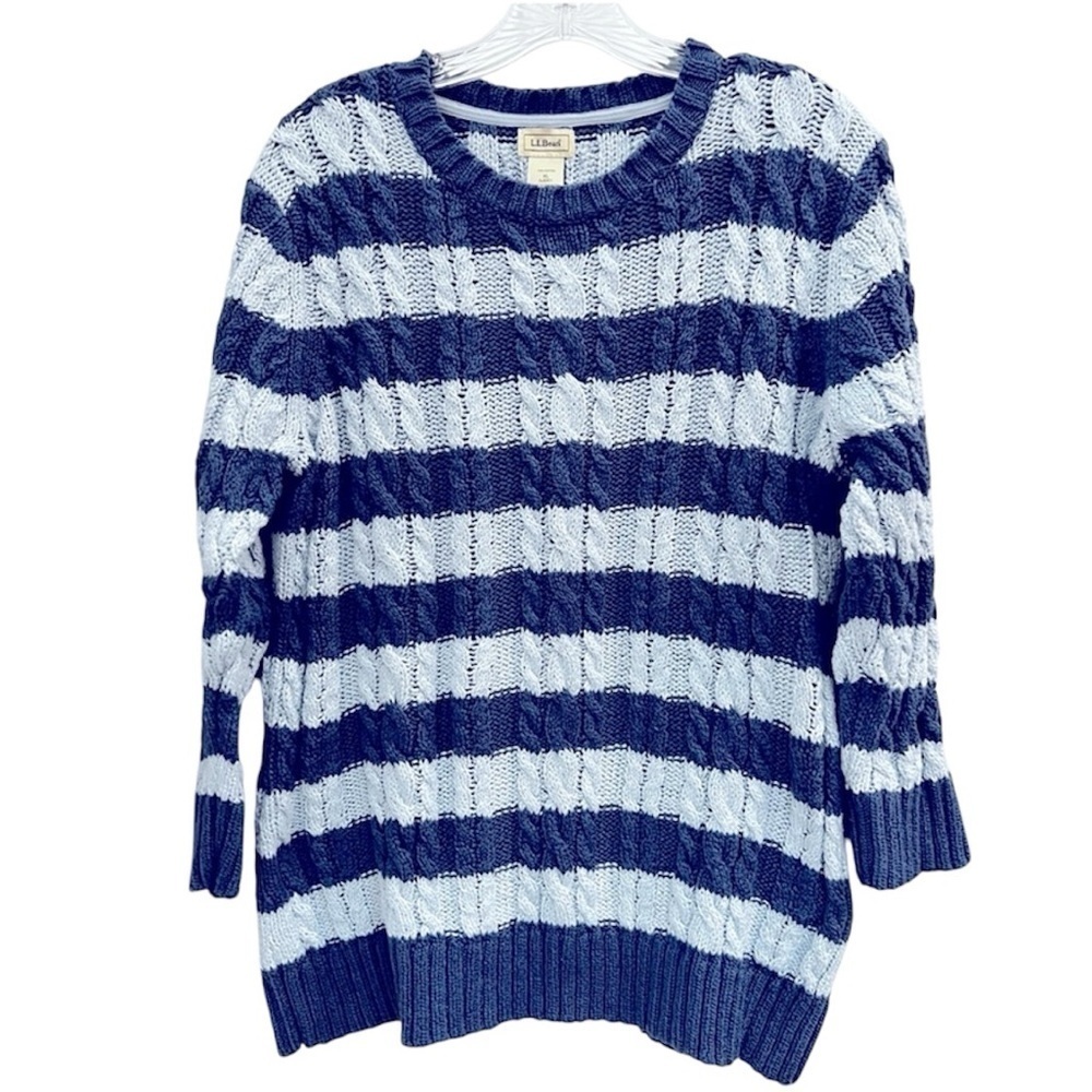 L.L. Bean 100% Cotton Cabled Striped Sweater Pullover Size XL - Picture 2 of 6